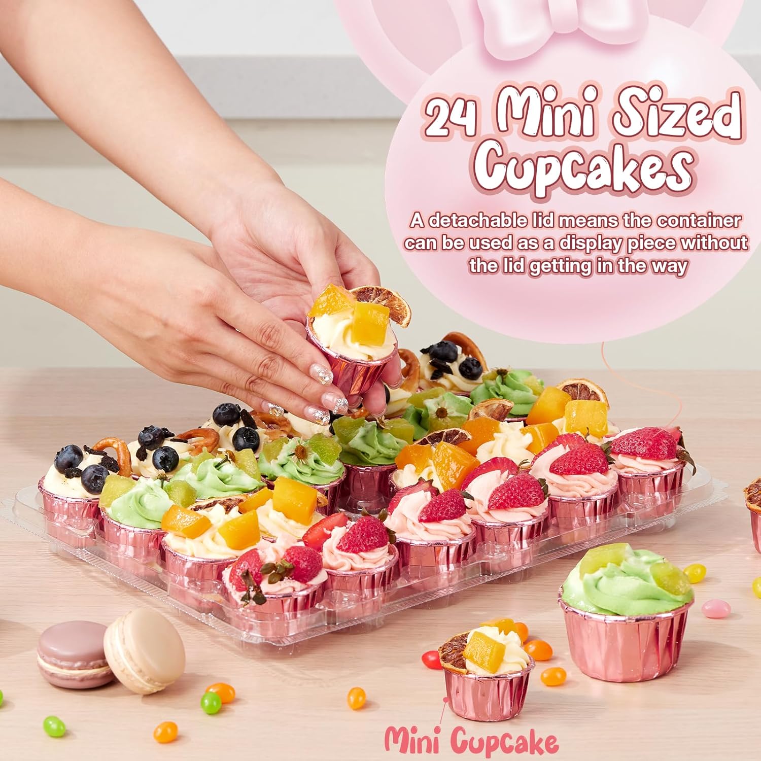 (24 Pack x 15 Sets) Mini Cupcake Containers with 375 Pack Cupcakes Liners, Plastic Cupcake Holder, Stackable Mini Cupcake Boxes Carrier, Clear Disposable Cupcake Trays, High Dome - MINI SIZE