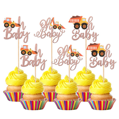36 PCS Construction Cupcake Toppers Stop Sign Dump Truck Excavator Tractor Party Cake Food Picks Decorations for Construction Theme Baby Shower Kids Birthday Party Supplies