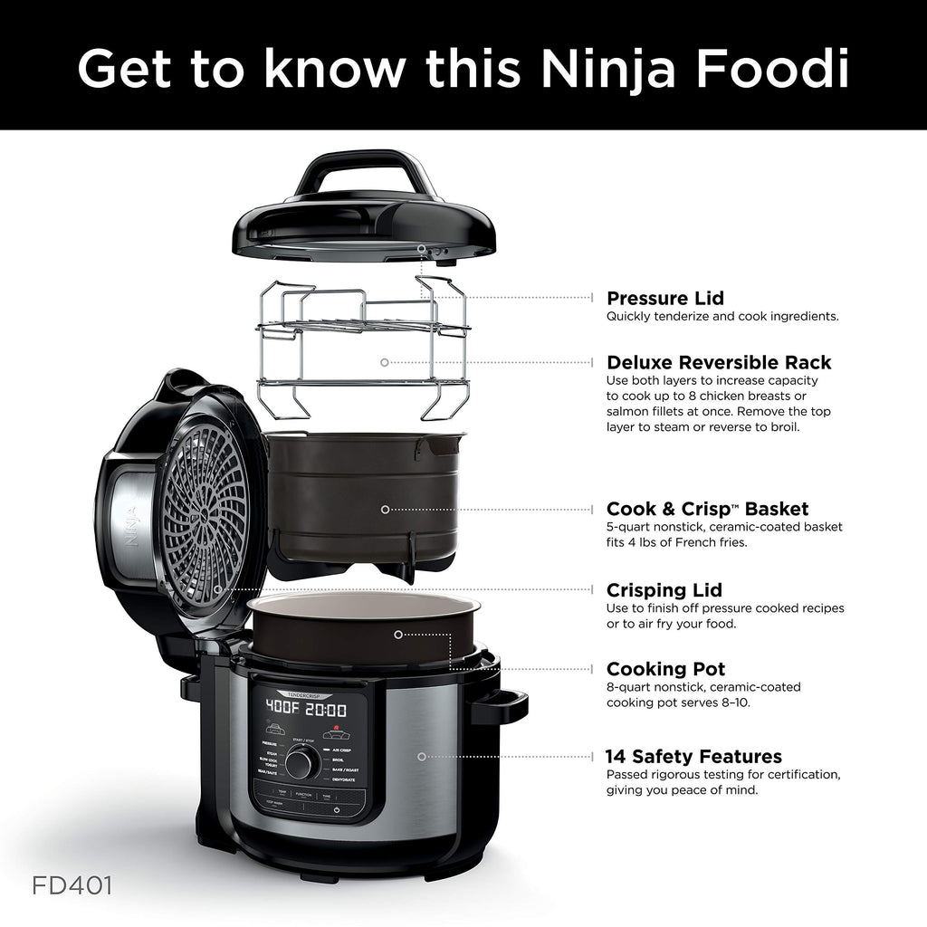 Ninja FD401 LP3 Foodi 12 w 1 Deluxe XL 8 qt. Szybkowar i frytkownica powietrzna, która gotuje na parze, wolno gotuje, przypieka, smaży, suszy i nie tylko, z 5 qt. Koszem na chrupiące produkty, odwracalną półką i książką kucharską, srebrny