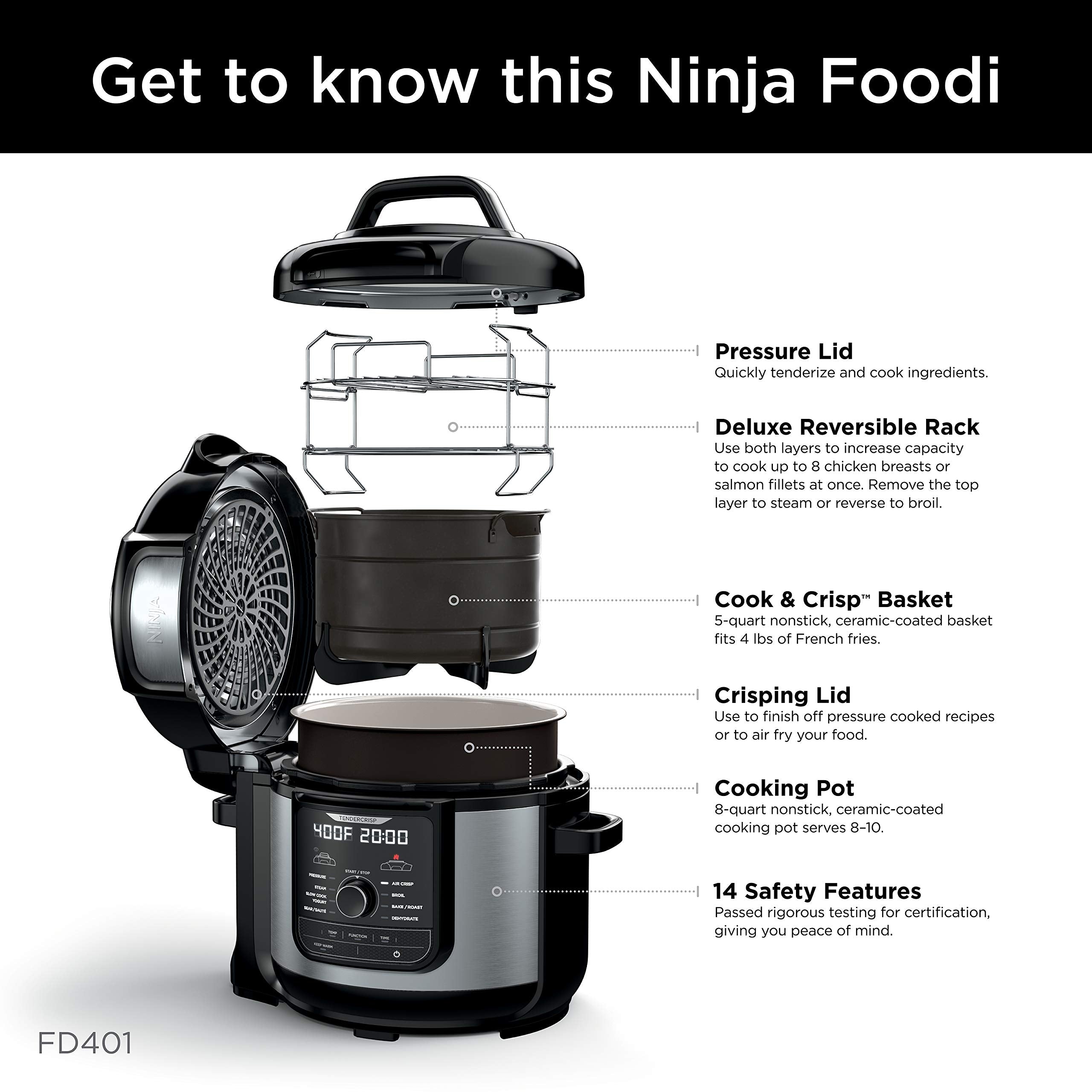 Ninja FD401 LP3 Foodi 12 w 1 Deluxe XL 8 qt. Szybkowar i frytkownica powietrzna, która gotuje na parze, wolno gotuje, przypieka, smaży, suszy i nie tylko, z 5 qt. Koszem na chrupiące produkty, odwracalną półką i książką kucharską, srebrny