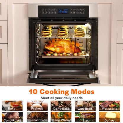 Empava 24 inch Electric Single Wall Oven with 10 Cooking Funcitons, Stainless Steel Built-in Wall Convection Oven with Screen Touch Control, 360° Rotisserie, Silver