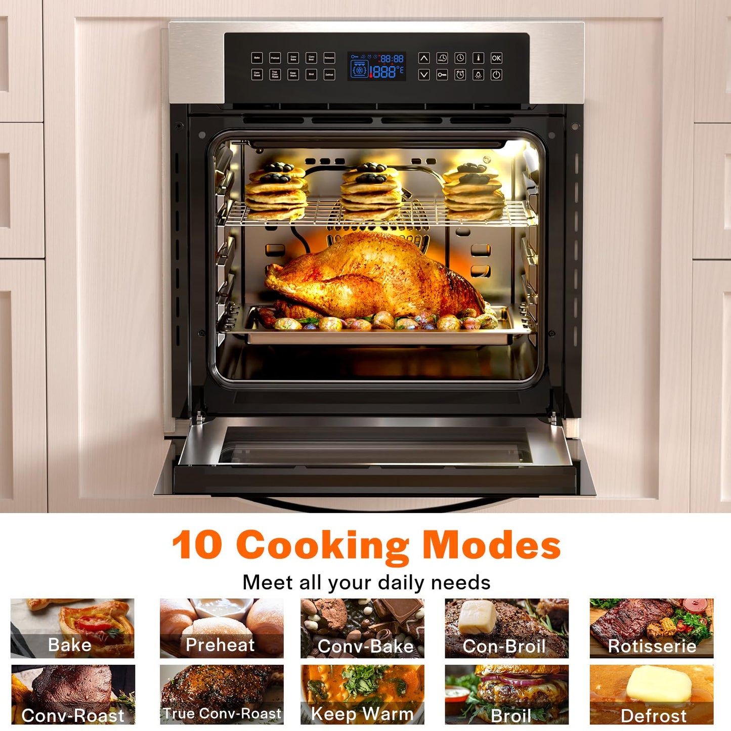 Empava 24" Electric Convection Single Wall Oven 10 Cooking Functions Deluxe 360° ROTISSERIE with Sensitive Touch Control in Stainless Steel, Silver