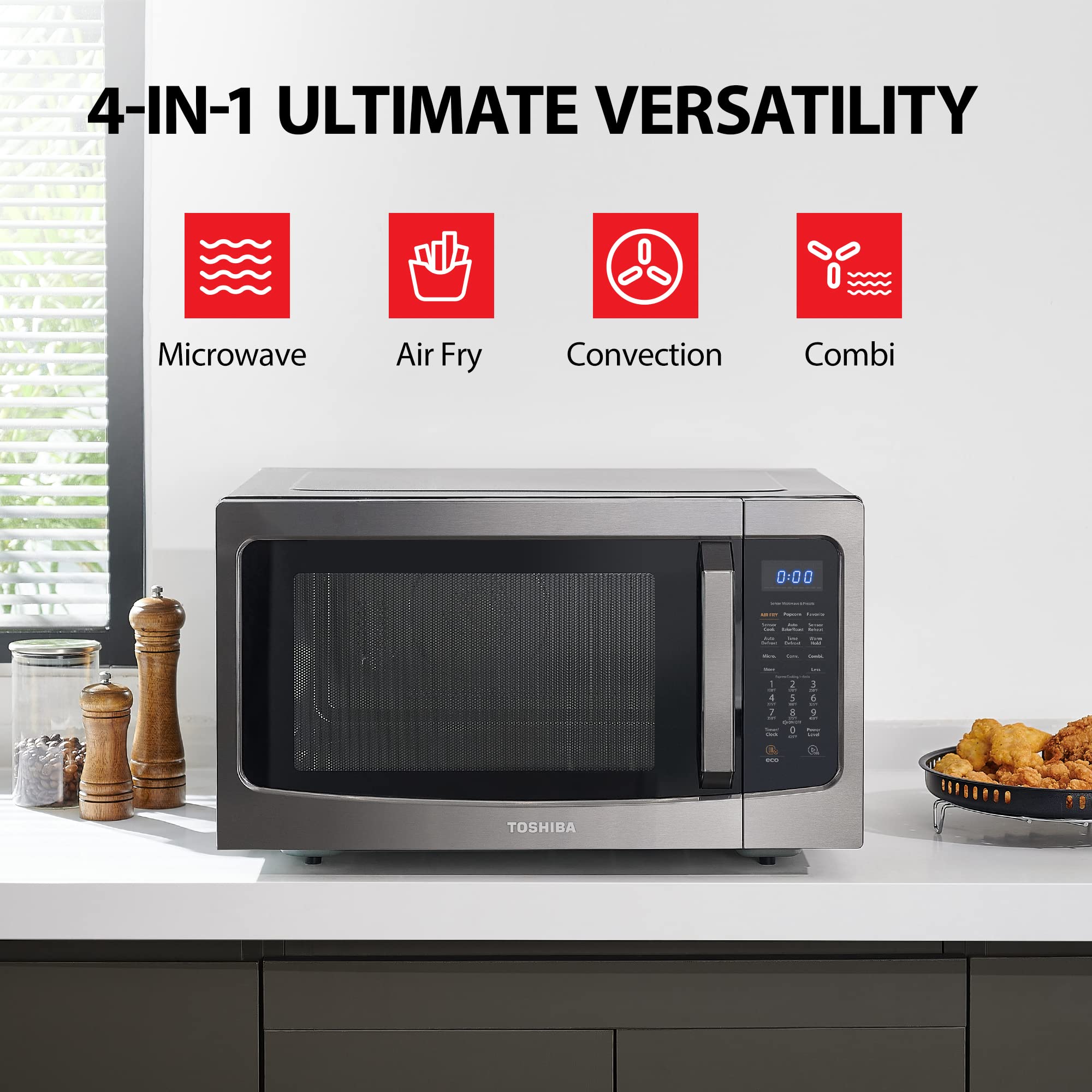Toshiba Air Fryer Combo 4 w 1 kuchenka mikrofalowa do zabudowy, inteligentny czujnik, konwekcja, funkcja wyciszenia, pamięć położenia, talerz obrotowy 13,6 cala, 1,5 stopy sześciennej, 1000 W, czarny, ML-EC42P(BS)