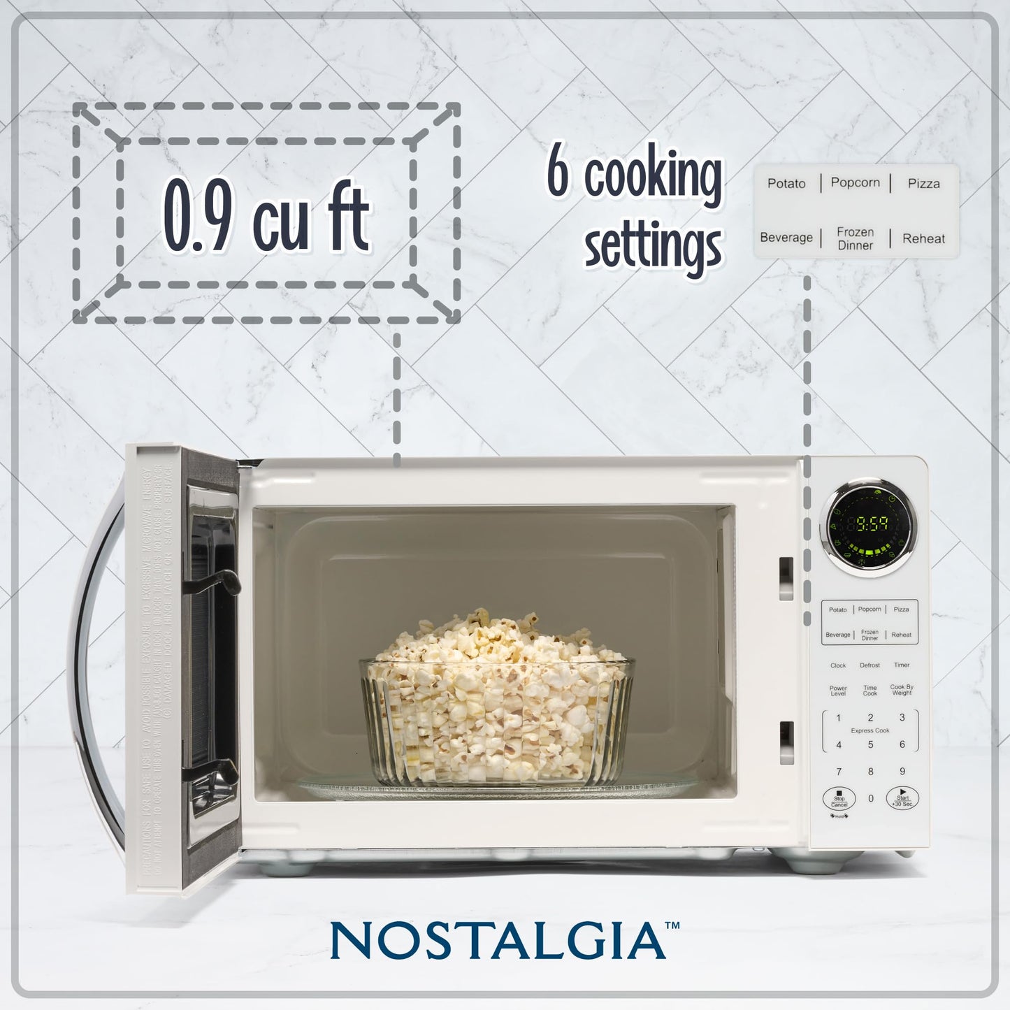 Nostalgia Modern Retro Countertop Microwave Oven - 900-Watt - 0.9 cu ft - 12 Pre-Programmed Cooking Settings - Digital Clock - Kitchen Appliances - White