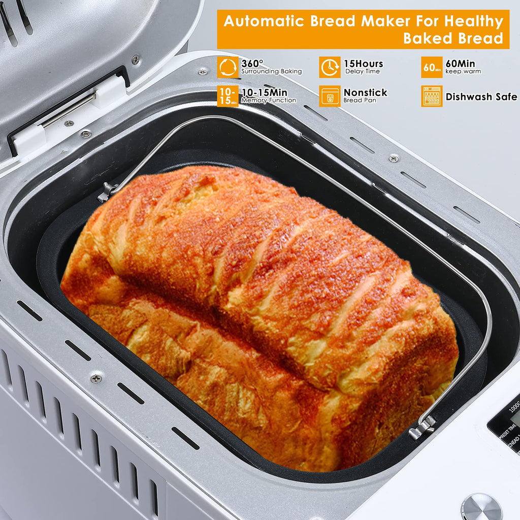 Patioer 3LB Bread Maker Machine Automatyczna maszyna do pieczenia chleba z podwójnymi mieszadłami 15 w 1 Maszyna do pieczenia chleba z ustawieniem bezglutenowym, 3 rozmiary bochenków 3 kolory skórki, nieprzywierająca blacha do pieczenia, biała
