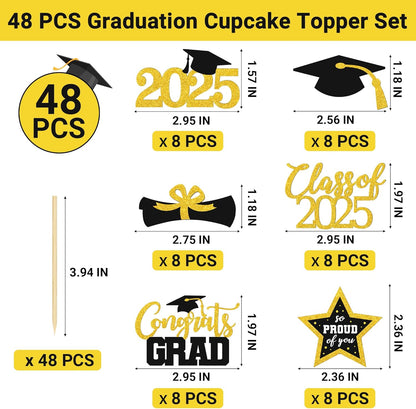 48 PCS Graduation Cupcake Toppers 2025, 6 Style Black and Gold Graduation Cake Toppers, Glitter Design Class of 2025 Toppers Grad Cupcake Picks, Disposable 2025 Graduation Decorations