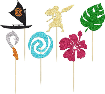 24Pcs Mo Inspired Birthday Cupcake Toppers Glitter Palm Leaf Flower Moana Cupcake Picks Hawaiian Birthday Party Decoration for Tropical Luau Summer Party Baby Shower Wedding
