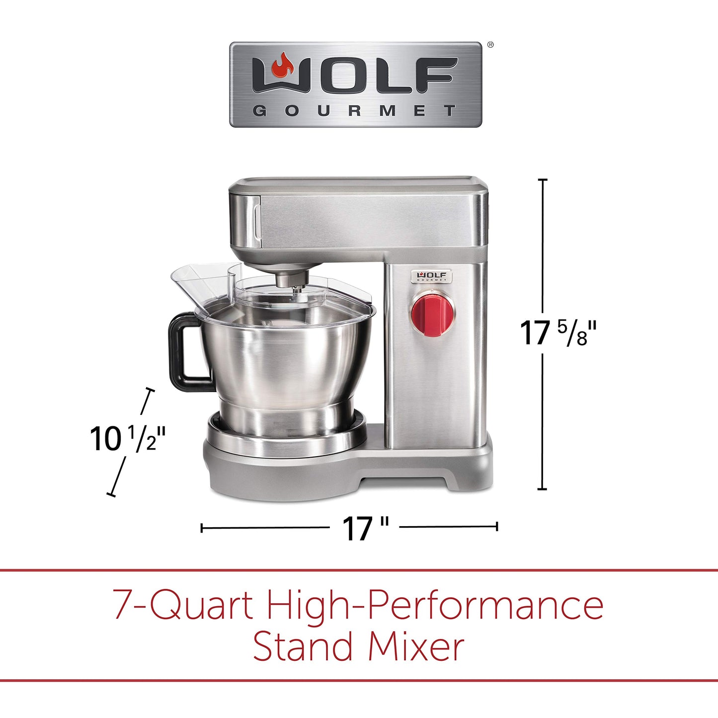 Wolf Gourmet High-Performance Stand Mixer, 7 qrt, with Flat Beater, Dough Hook and Whisk, Brushed Stainless Steel (WGSM100S)