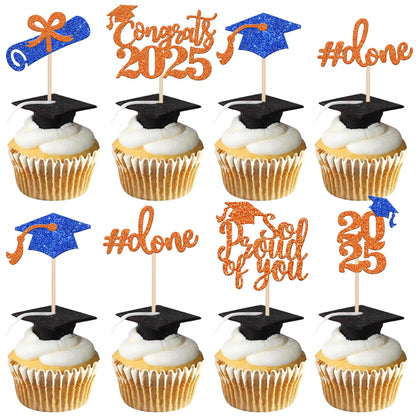 24 PCS 2025 Graduation Cupcake Toppers Glitter Diploma Congrats Grad Cap Cupcake Picks Class of 2025 Cake Decorations for 2025 Graduation Theme Party Supplies Pink