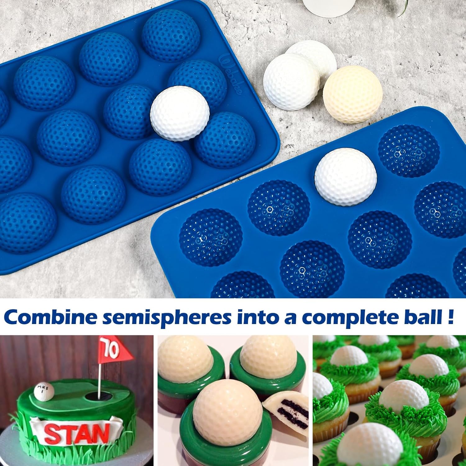 Webake Golf Ball Chocolate Molds, Silicone 12-Cavity Mold for Cake Decorations, Hot Chocolate Bomb, Candy (Pack of 2)