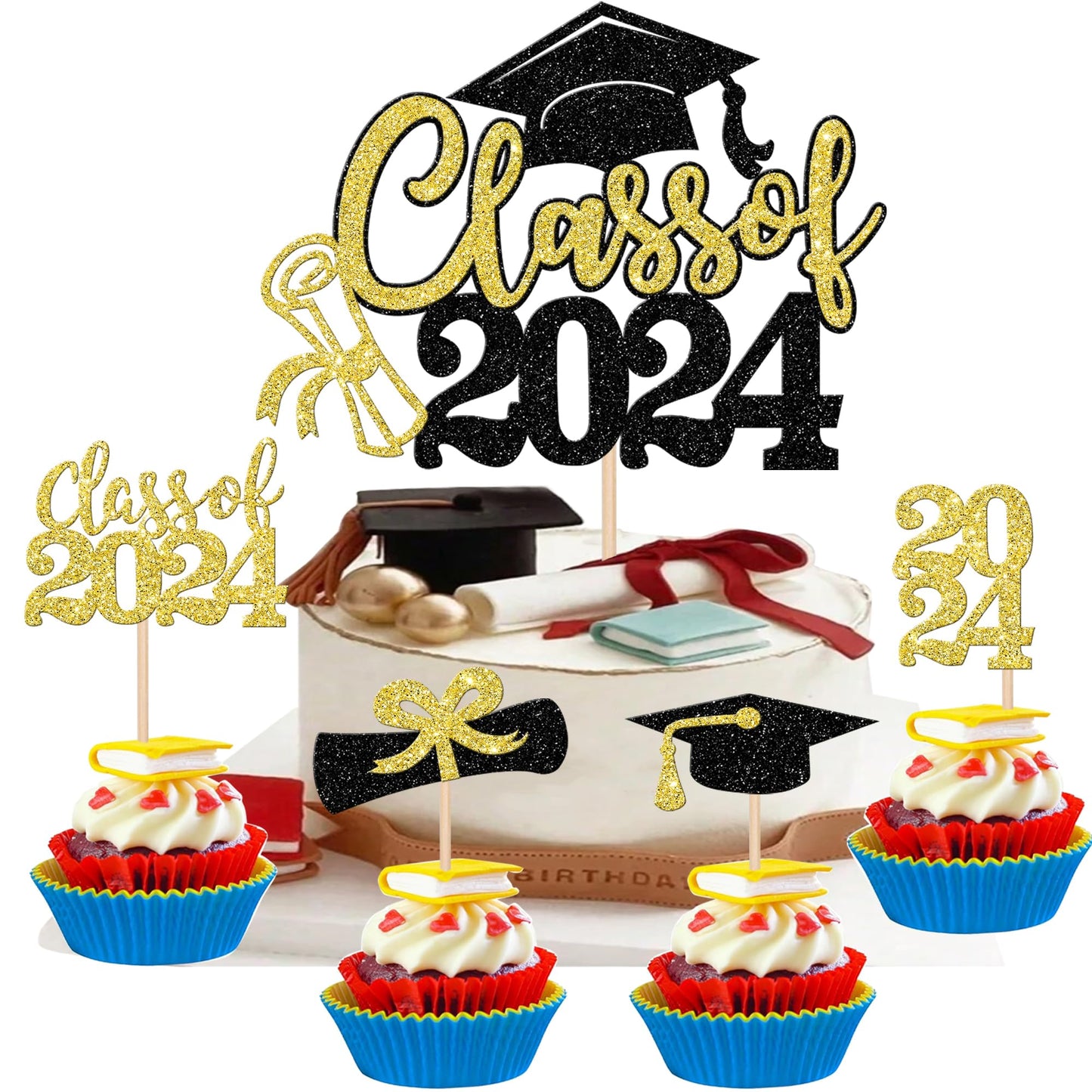 24 PCS 2025 Graduation Cupcake Toppers Glitter Diploma Congrats Grad Cap Cupcake Picks Class of 2025 Cake Decorations for 2025 Graduation Theme Party Supplies Pink