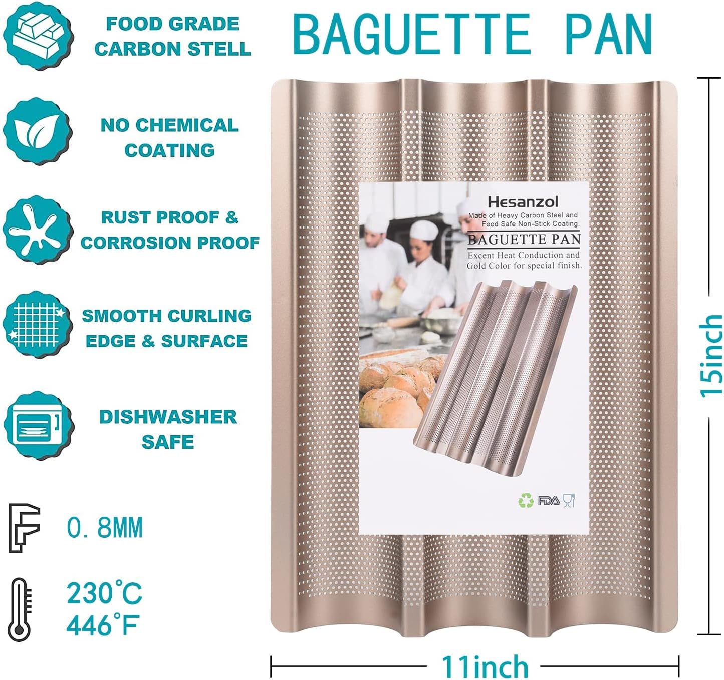 Baguette Pans for Baking 15" x 11", Carbon Steel 3 Loaf Nonstick Baguette Baking Tray for French & Italian Perforated French Bread Pan