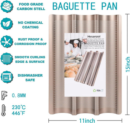 Baguette Pans for Baking 15" x 11", Carbon Steel 3 Loaf Nonstick Baguette Baking Tray for French & Italian Perforated French Bread Pan