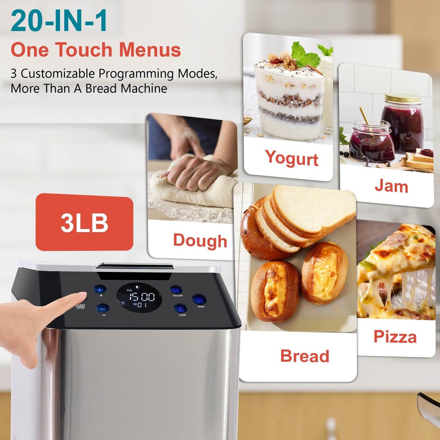 3LB Larger & 20-in-1 Ultra Quiet Bread Maker Machine, 710W Die-Cast Ceramic Pan Bread Machine with Dual Heaters, Stainless steel Breadmaker with Auto Fruit Dispenser & 2 Custom Menus,Extra 2 Paddles