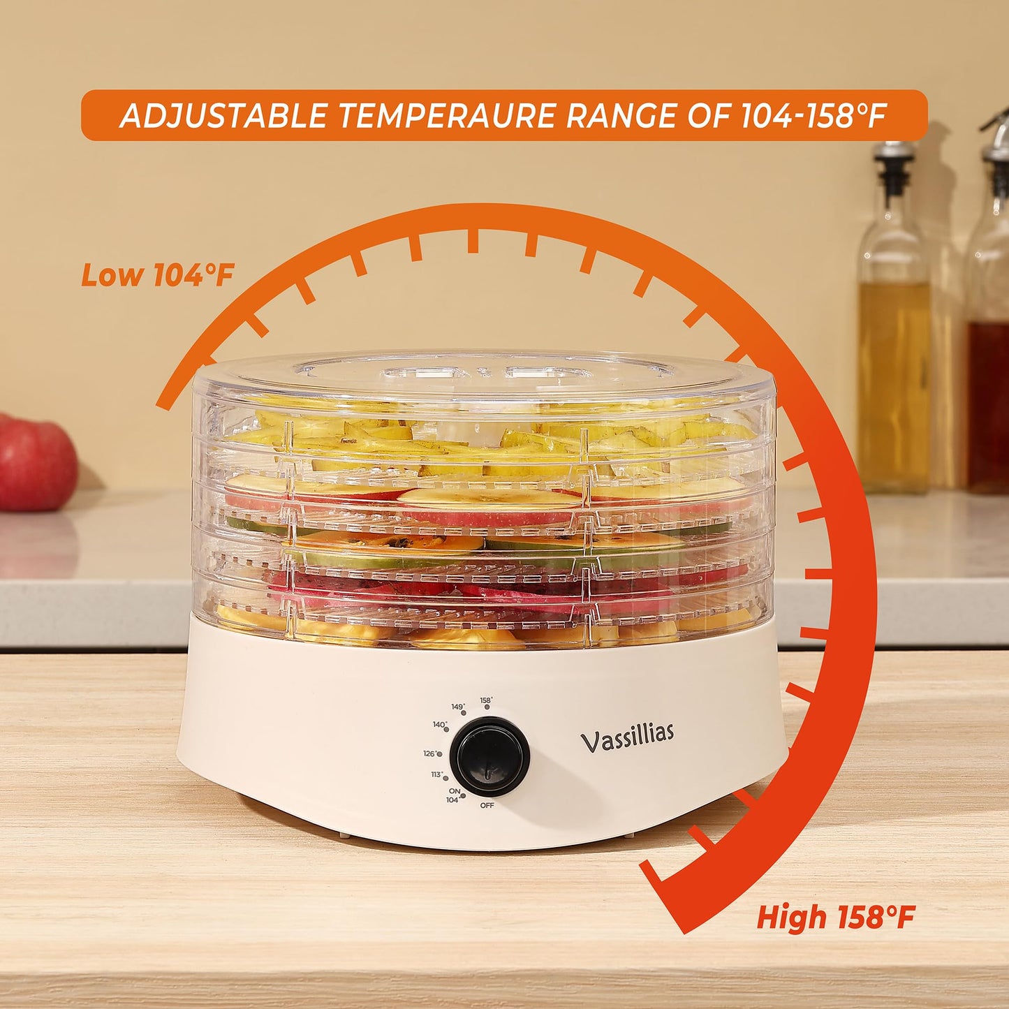 Food Dehydrator Dryer - Dehydrator for Healthy Food, Meat, Jerky, Fruit, Vegetable, Mushroom and Herb, 280W, 158°F, Mini Dryer with 5 BPA-Free Drying Racks and Slide Out Tray, White, Model 704M