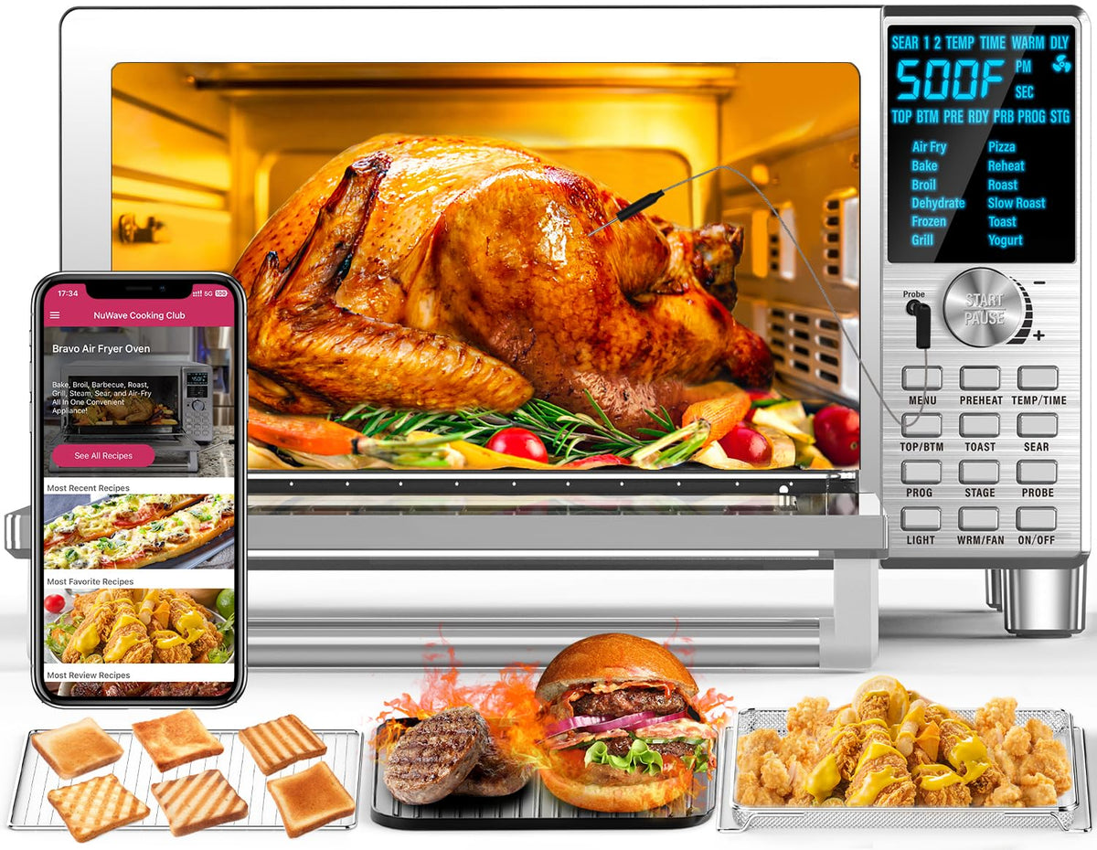 Nuwave Bravo XL Air Fryer Toaster Smart Oven, 12 w 1, kombinacja grilla/płyty do pieczenia, pojemność 30 qt XL, 50°F-500°F regulowana w precyzyjnych odstępach co 5°F, zintegrowany inteligentny termometr, technologia Linear T