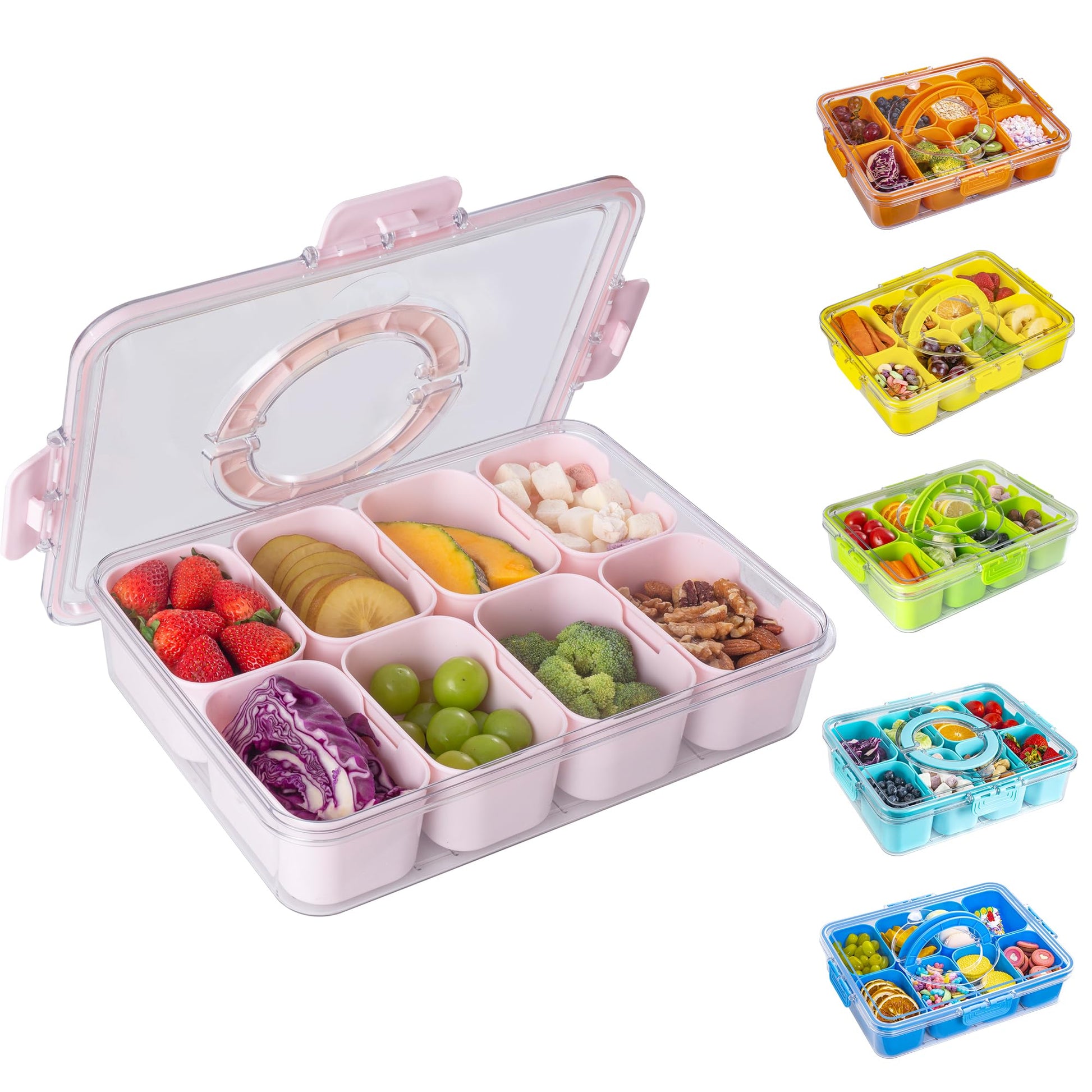 Divided Snackle Box - 8 Compartment Portable Serving Tray With Lid For Fruits, Nuts, Party Travel