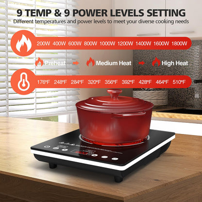 Nafewin Single Burner Electric Cooktop 1800W - 110V Electric Stove Top Burner Portable Stove with Touch Control 9 Power Level - Induction Cooktop with Child Safety Lock Timer for Home Camping