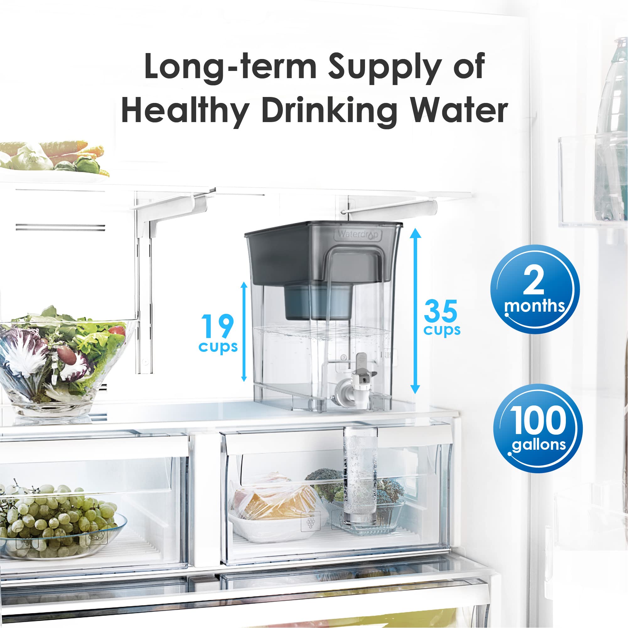 Waterdrop Slim Alkaline Water Filter Dispenser, Large 35-Cup, Up to PH 9.5, Healthy, Clean & Toxin-Free Mineralized Alkaline Water, 100-Gallon, BPA Free, Black (1 Filter Included)