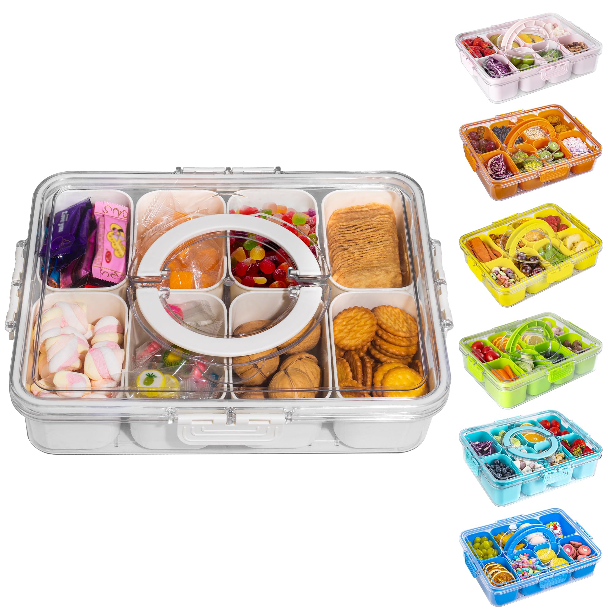 Divided Snack Serving Tray with Lid and Handle Travel Snackle Charcuterie Container Portable Storage Organizer for Candy, Fruits, Nuts, Snacks, Party, Picnic (1pack, Lake blue)