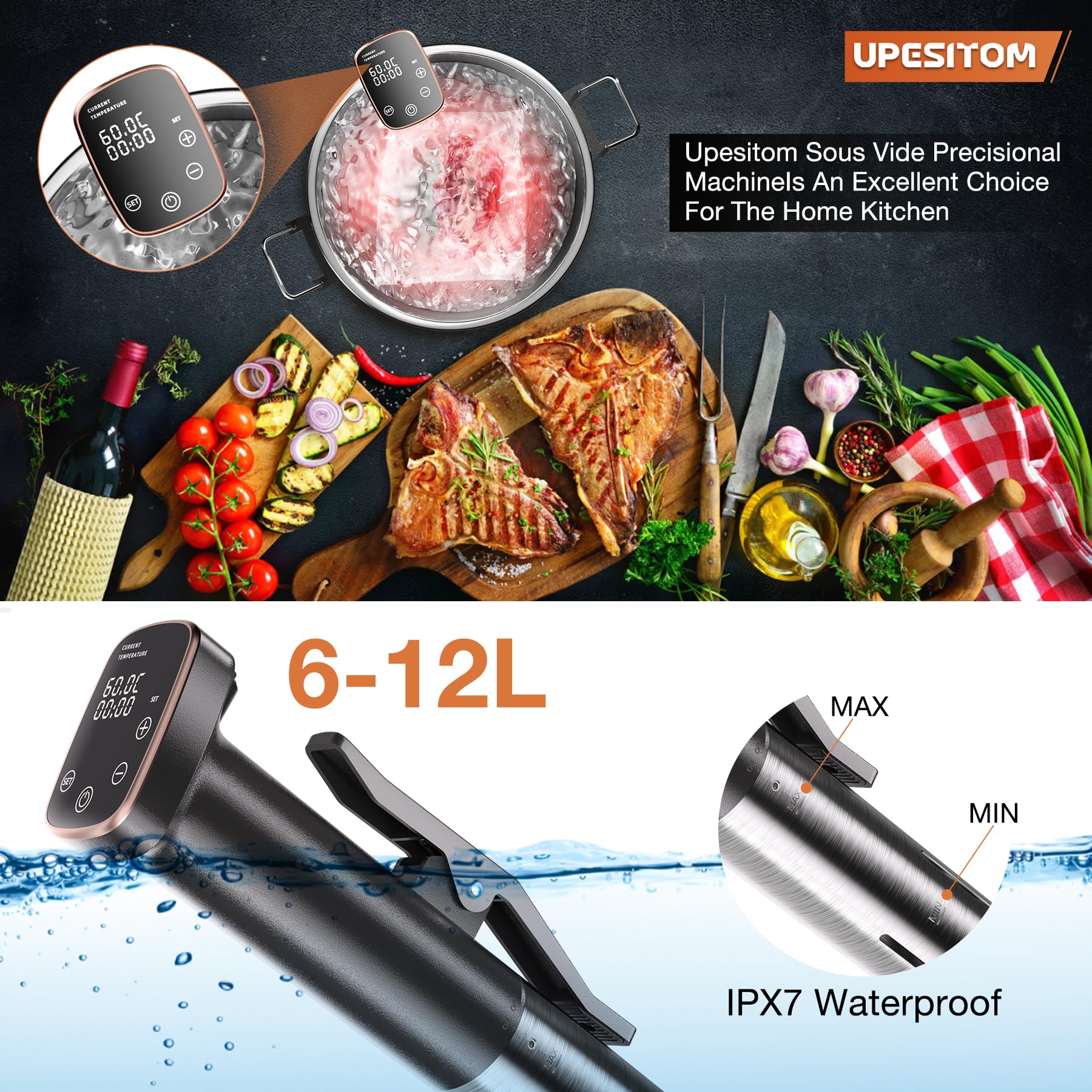 Maszyna Sous Vide, Urządzenie Sous Vide Cooker 1100 W Sous Vide Precyzyjna maszyna, Ultra cicha praca, Dokładna temperatura, Cyrkulator zanurzeniowy, Wodoodporność IPX7, Sterowanie dotykowe, Cyfrowy timer, Szybkie nagrzewanie