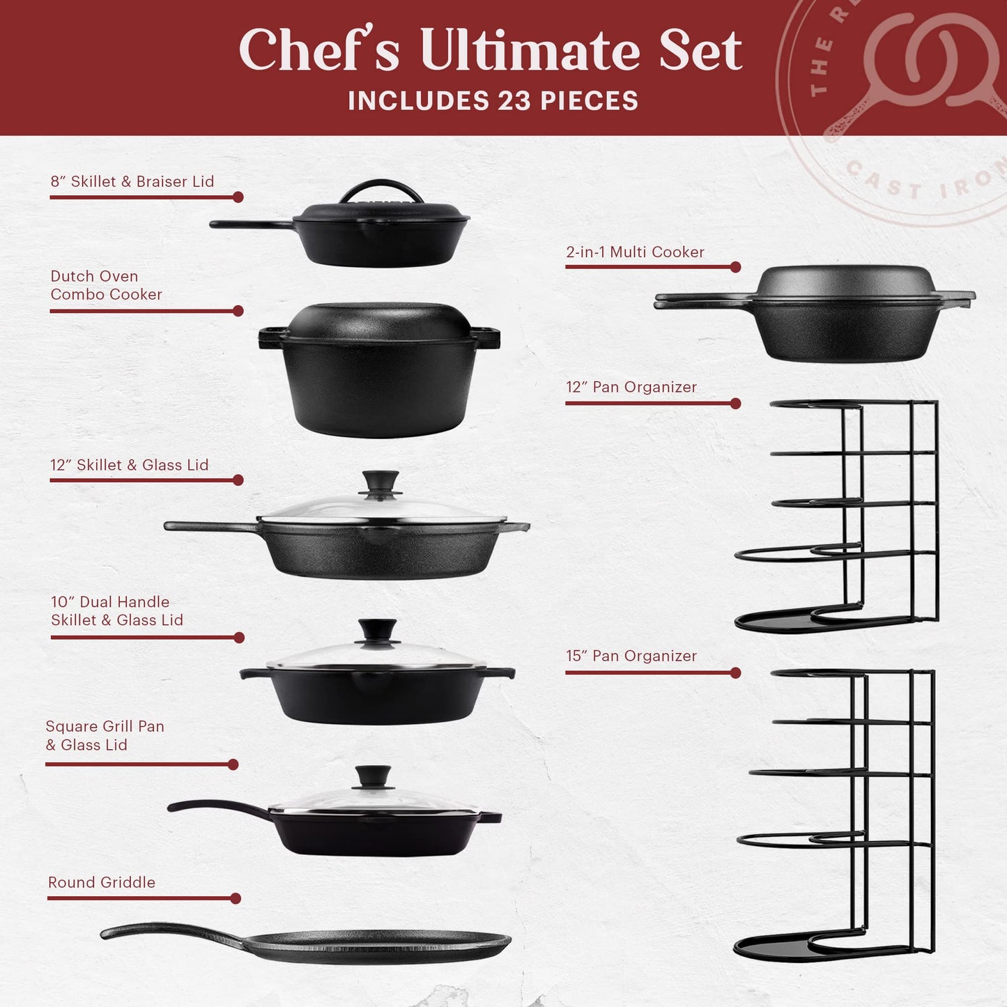 Cuisinel Cast Iron 24-Pc Cookware Set - 8" Skillet + Cast Iron Lid + 12"+Lid + 10" Braiser with Lid + Grill Pan + Lid + Griddle + 5-Qt Dutch Oven + Multi-Cooker + 12"+15" Pan Rack + Scraper + Handles