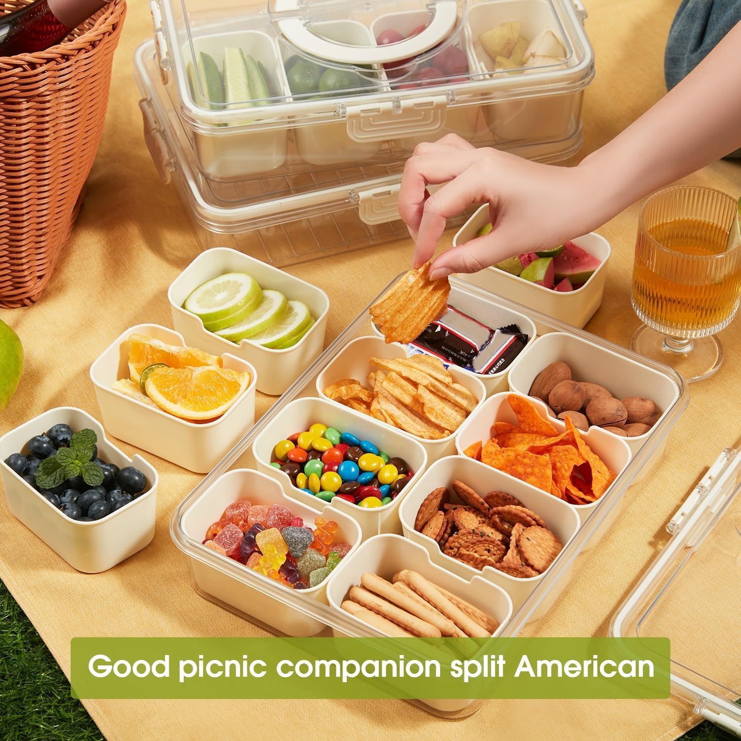 Snackle Box Container Divided Serving Platters with Lid and Handle Divided Snackle for Portable Snack Box Container Tray Perfect for Candy Fruit and Treats