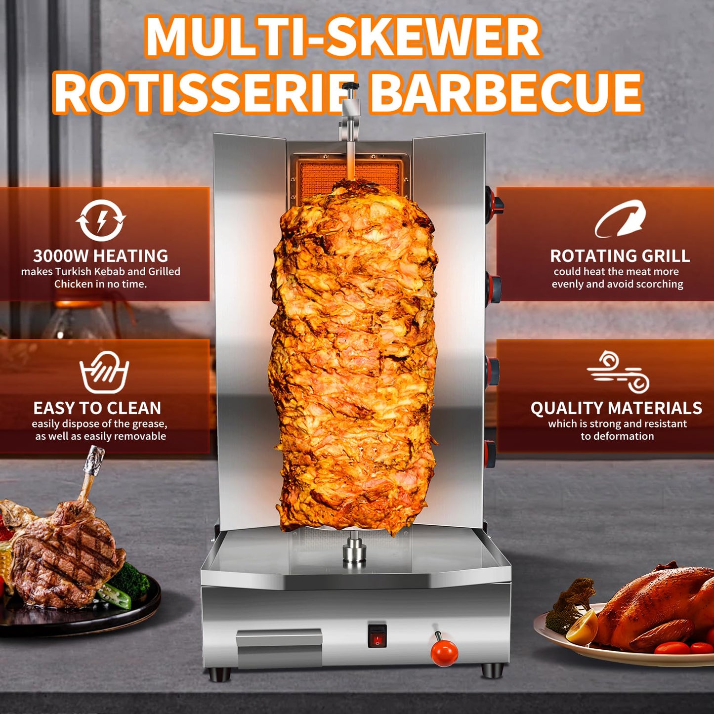 YOOKTEN 4 Burners Shawarma Machine Commercial Large Shawarma Grill Machine Rotisserie Grill Kebab Vertical Rotisserie Propane Turkish Chicken Doner Kebab Broiler for Kitchen Restaurant