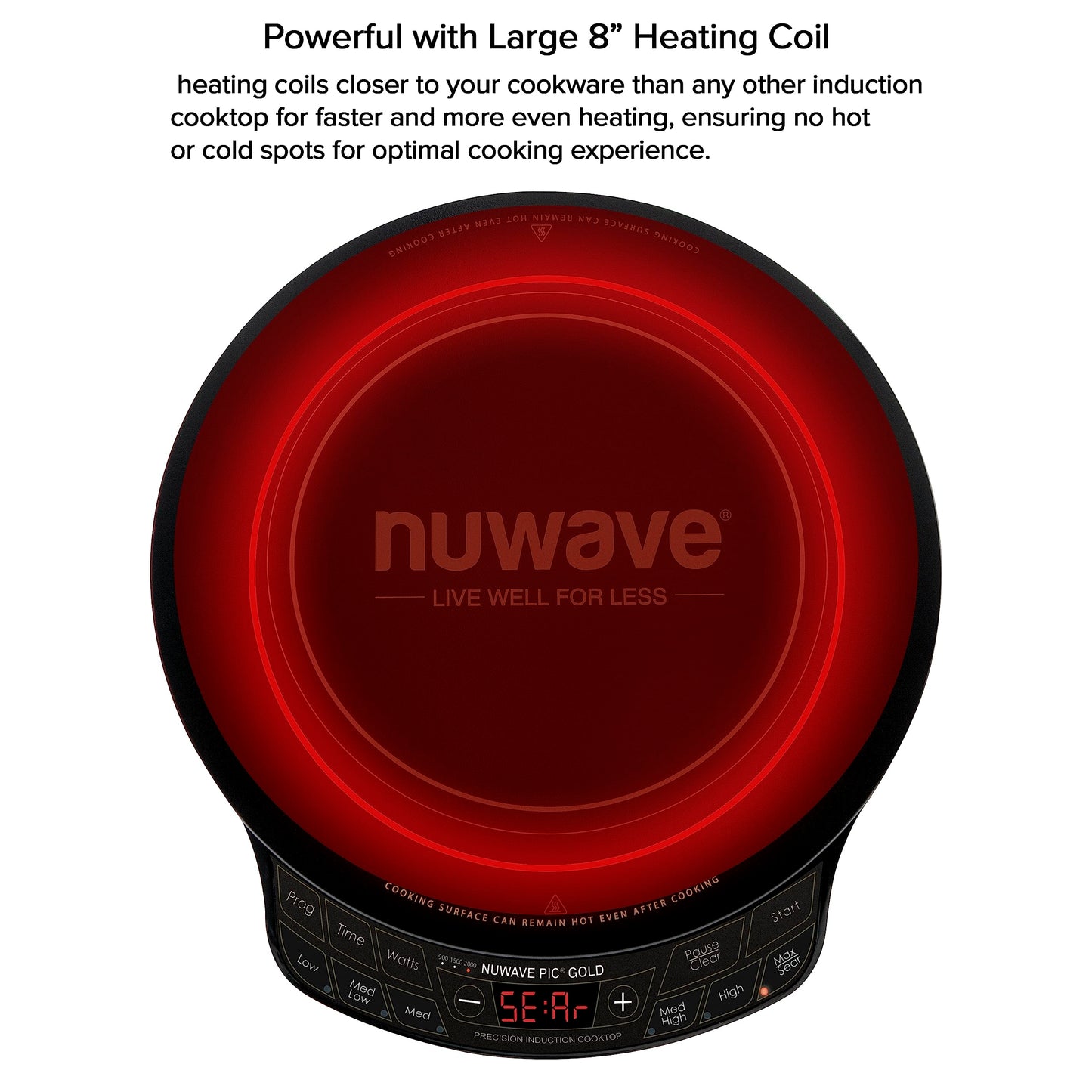 Nuwave Precision Induction Cooktop Gold, 12” Shatter-Proof Ceramic Glass Surface, Large 8” Heating Coil, Portable, 51Temp Settings 100°F to 575°F, 3 Wattage Settings 600, 900, and 1500 Watts