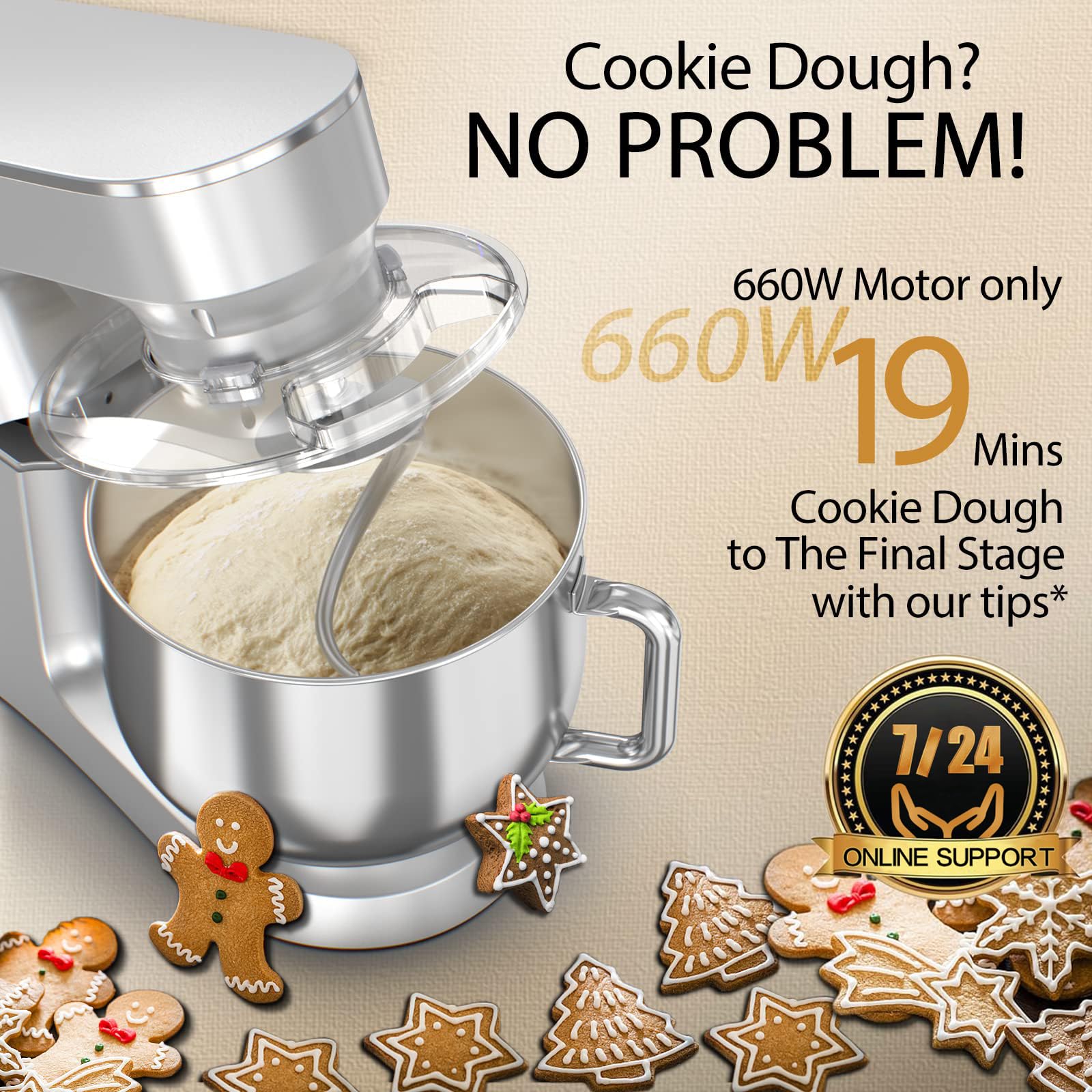 COOKLEE Stand Mixer, 8.5 Qt. 660W 10-Speed Electric Kitchen Mixer with Dishwasher-Safe Dough Hooks, Flat Beaters, Wire Whip & Pouring Shield Attachments for Most Home Cooks, Silver