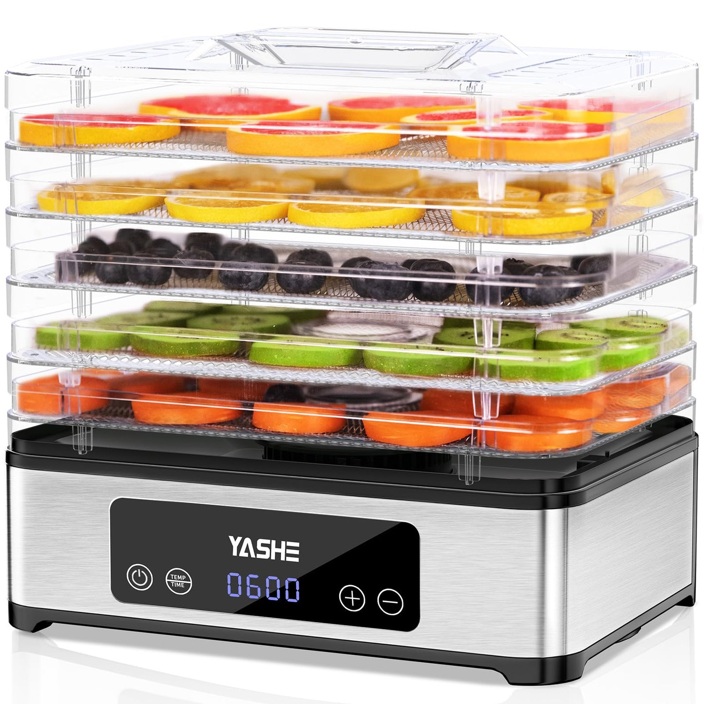 YASHE Food Dehydrator Machine, 5 Stainless Steel Trays Food Dryer, 48H Timer and Temperature Control, Recipes Book Included, 420W Dehydrators for Food and Jerky, Herbs, Meat, Fruit, Dog Treats