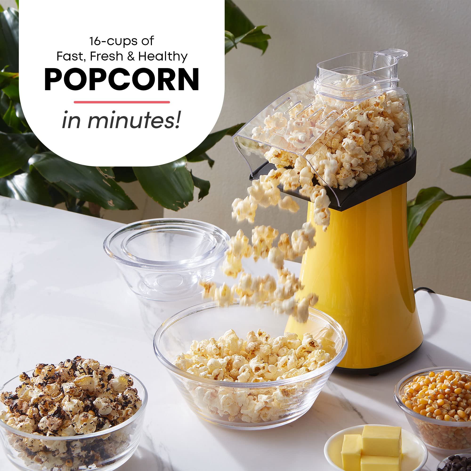 Elite Gourmet Fast Hot Air Popcorn Popper, 1300 W elektryczny popcorn Maker z miarką i tacką do topienia masła, bezolejowy, idealny na domowe przyjęcia dla dzieci, bezpieczeństwo zatwierdzone przez ETL, 4 kwarty, żółty