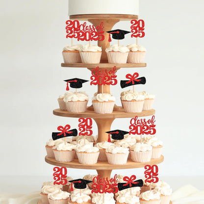 36 PCS 2023 Graduation Theme Cupcake Toppers Glitter Class of 2023 Graduation Cap Diploma Cupcake Picks Party Cake Decorations Supplies Red
