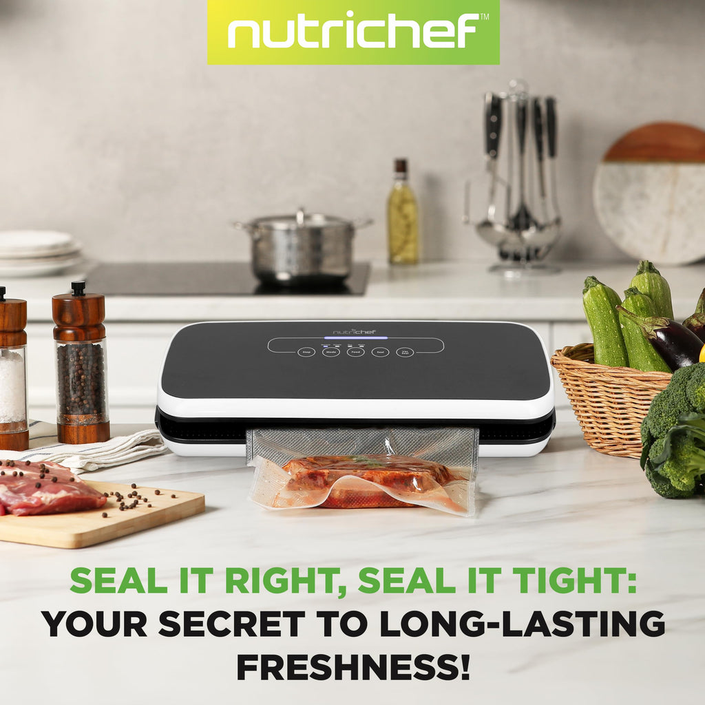 Автоматична вакуумна система запаювання повітрям NutriChef для зберігання продуктів зі стартовим комплектом, компактний дизайн, лабораторні випробування, режими сухої та вологої їжі зі світлодіодними індикаторами, чорний колір