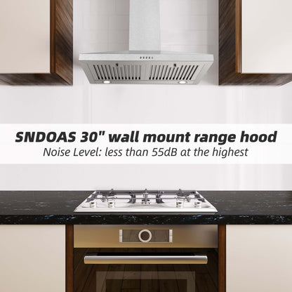 SNDOAS Range Hood 30 inch,Stainless Steel Wall Mount Range Hood 30 inch,Chimney-Style Stove Vent with Ducted/Ductless Convertible,Kitchen Hood with LED Light,Button Control,3-Speed Vent Hood