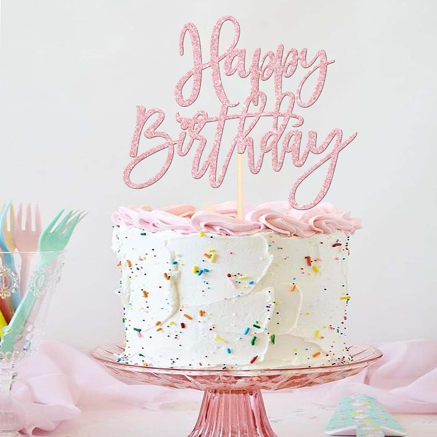 1 PCS Happy Birthday Cake Topper Glitter Cake Pick for Celebrating Anniversary Theme Party Cake Decorations Supplies Light Pink