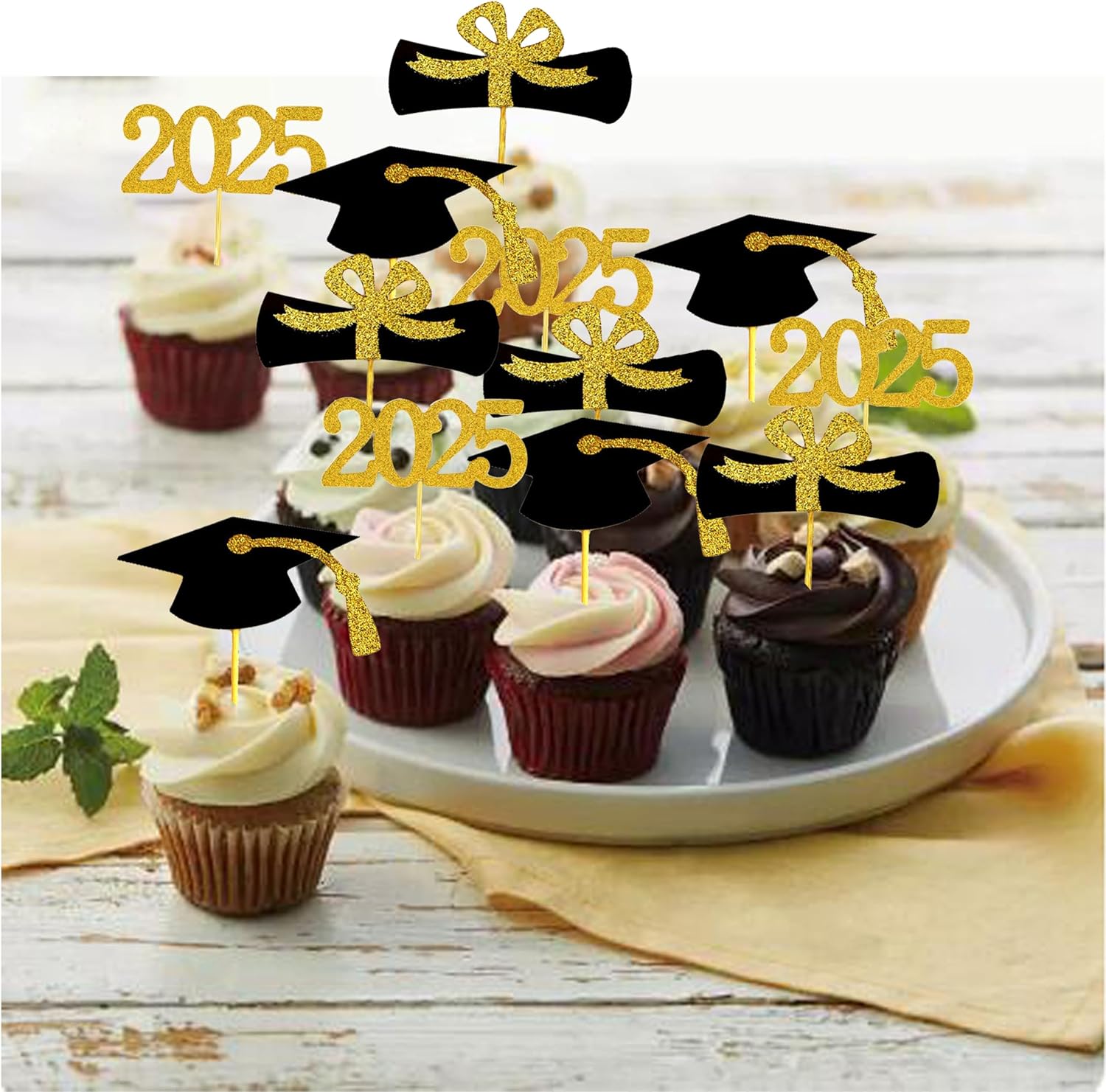 2025 Graduation Cupcake Toppers, 48 PCS Food/Appetizer Picks For Graduation Party Mini Cake Decorations, Diploma, 2025, Grad Cap Set 48 Pieces (01 Gold)