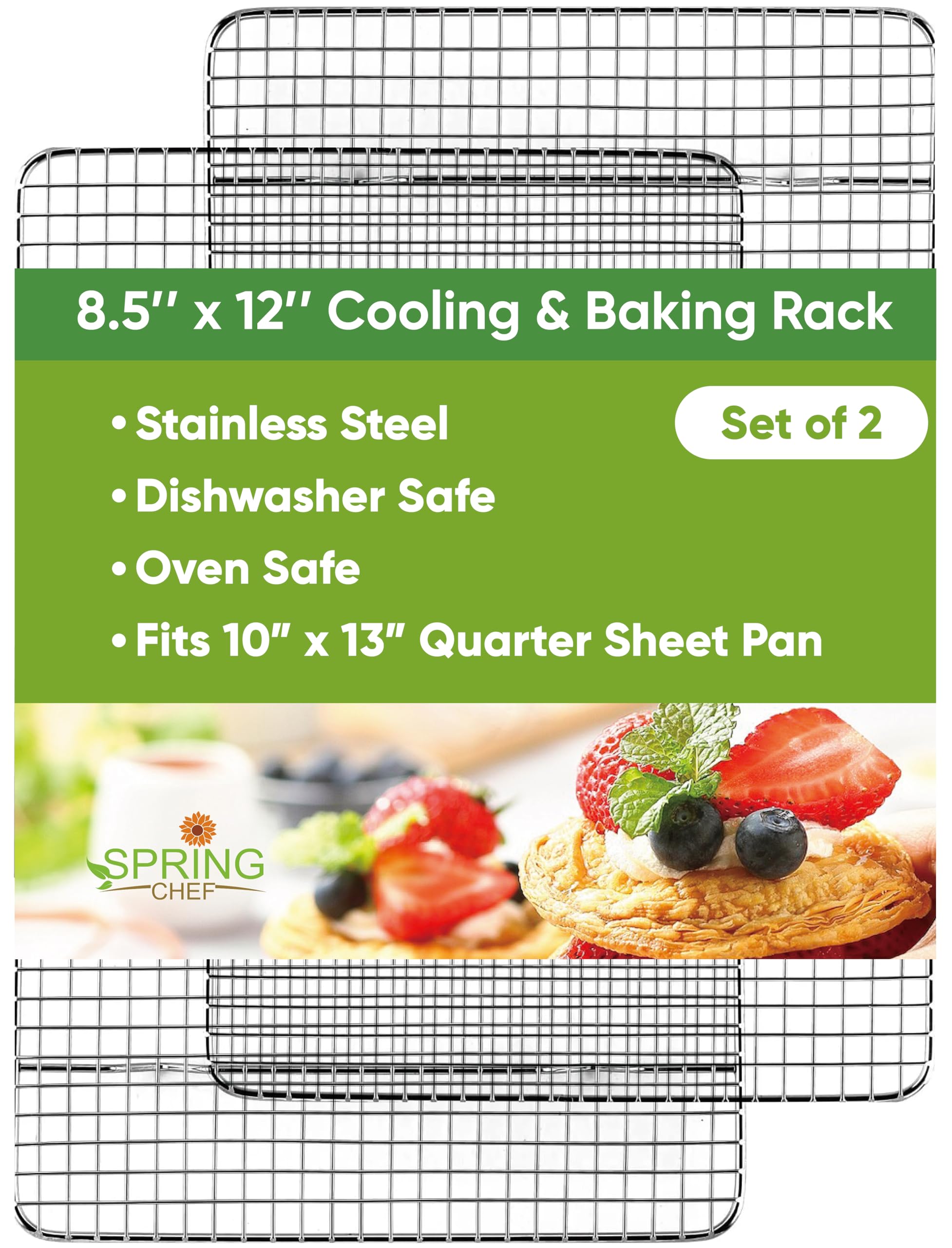 Spring Chef 10" x 15" Stainless Steel Cooling Racks for Baking - Oven Safe - Cookie Racks for Cooling Cookies - Fits Jelly Roll Pan - Perfect for Grilling, Roasting, Cooking, Drying - Set of 2