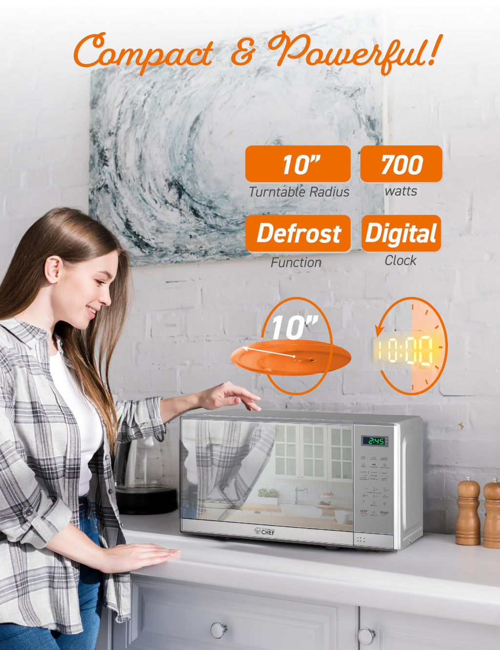 COMMERCIAL CHEF 0.7 Cu Ft Microwave with 10 Power Levels, 700W Microwave with Digital Display, Countertop Microwave with Child Safety Door Lock, Programmable with Push Button, Stainless Steel