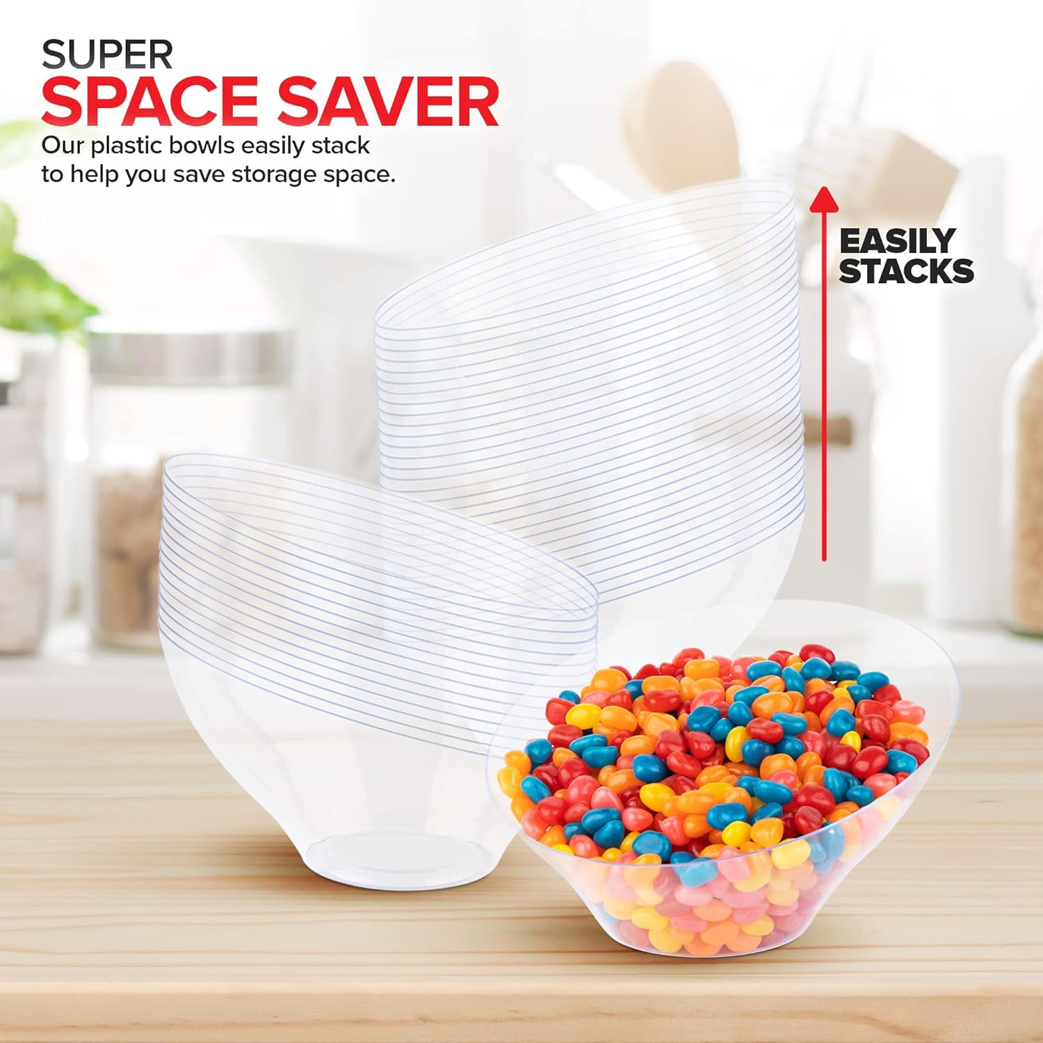20oz Clear Plastic Serving Bowls (4 Pack) Medium Disposable Candy Dishes, Buffet Containers, Chips, Popcorn, Snacks, Mints, Salad Bar, Snack Bowl, Parties, Office Desk, Bridal Shower, Party Supplies