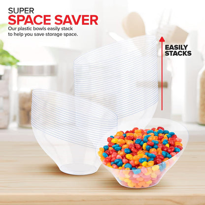 20oz Clear Plastic Serving Bowls (4 Pack) Medium Disposable Candy Dishes, Buffet Containers, Chips, Popcorn, Snacks, Mints, Salad Bar, Snack Bowl, Parties, Office Desk, Bridal Shower, Party Supplies