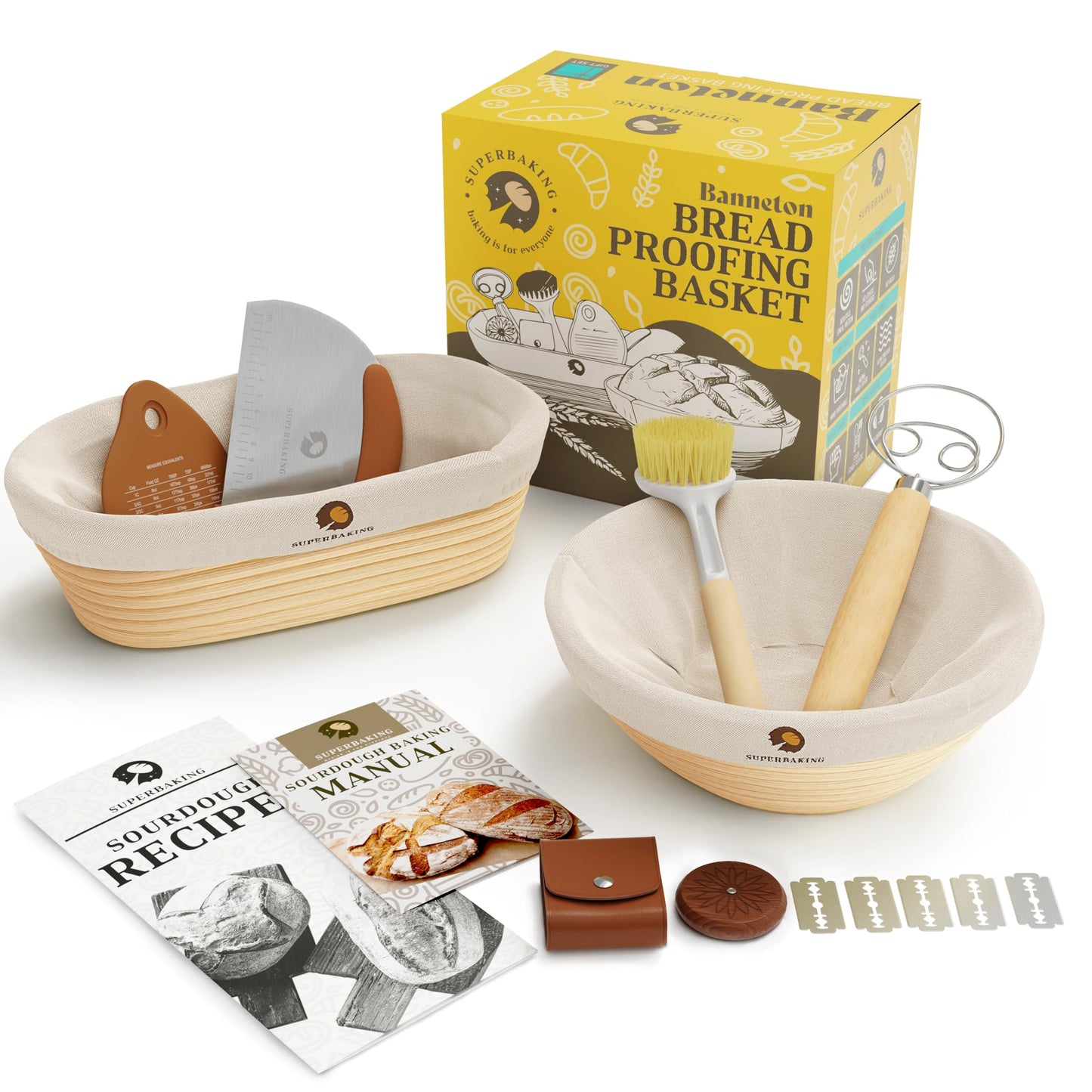 Superbaking Banneton Bread Proofing Basket, Sourdough Bread Baking Supplies, Round 9 Inch Sourdough Starter Kit, Proofing Basket for Baking, Bread Making Supplies Tools, Banneton Basket Gift Set