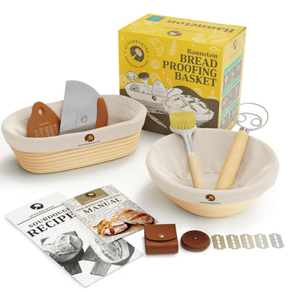 Superbaking Banneton Bread Proofing Basket, Sourdough Bread Baking Supplies, Round 9 Inch Sourdough Starter Kit, Proofing Basket for Baking, Bread Making Supplies Tools, Banneton Basket Gift Set
