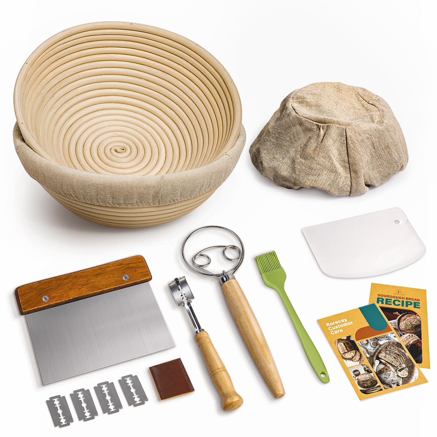 RORECAY Bread Banneton Proofing Basket Set, 9 Inch Round & 10 Inch Oval Cane Sourdough Baskets with Dough Whisk Bread Lame Dough Scraper Bowl Scraper Silicone Brush Sourdough Bread Baking Supplies