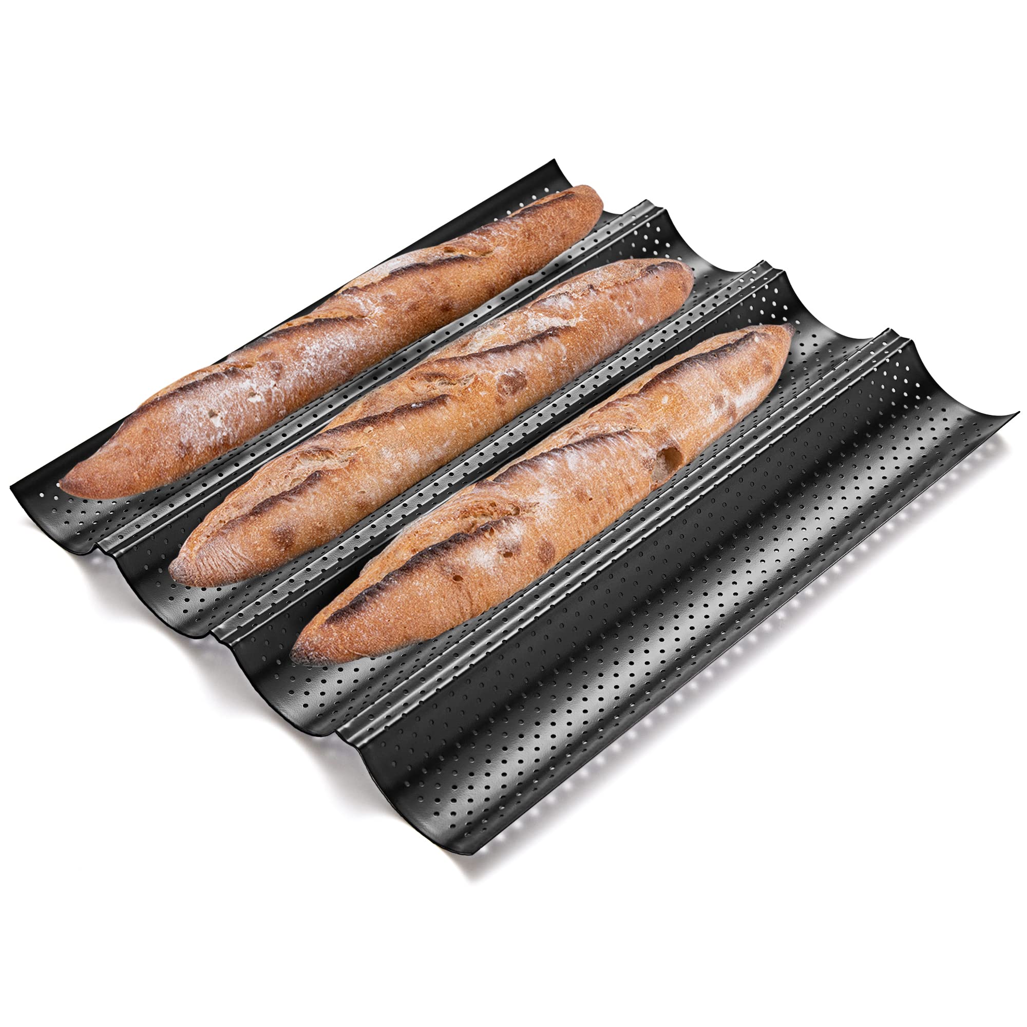 KITESSENSU Nonstick Baguette Pans for French Bread Baking, Perforated 4 Loaves Baguettes Bakery Tray, 15" x 13", Silver