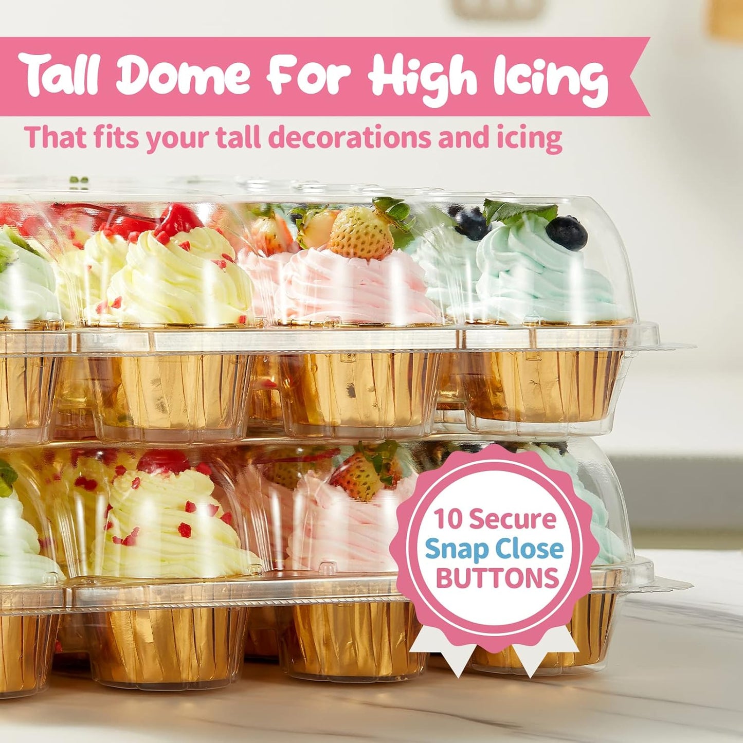 (24 Pack x 10 Sets) Stackable Cupcake Carrier Holders with 240 Pack Cupcake Liners, Plastic Cupcake Boxes Holders for 24 Cupcakes, High Tall Dome Lid Cupcake Containers, Clear Cupcake Trays