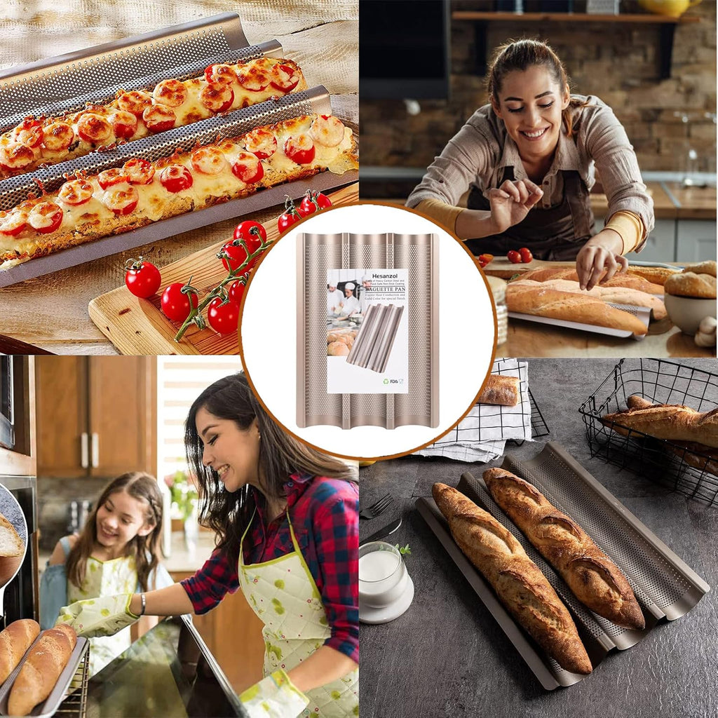 Baguette Pans for Baking 15" x 11", Carbon Steel 3 Loaf Nonstick Baguette Baking Tray for French & Italian Perforated French Bread Pan