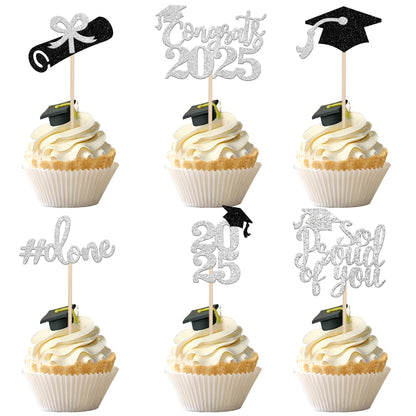 24 PCS 2025 Graduation Cupcake Toppers Glitter Diploma Congrats Grad Cap Cupcake Picks Class of 2025 Cake Decorations for 2025 Graduation Theme Party Supplies Pink