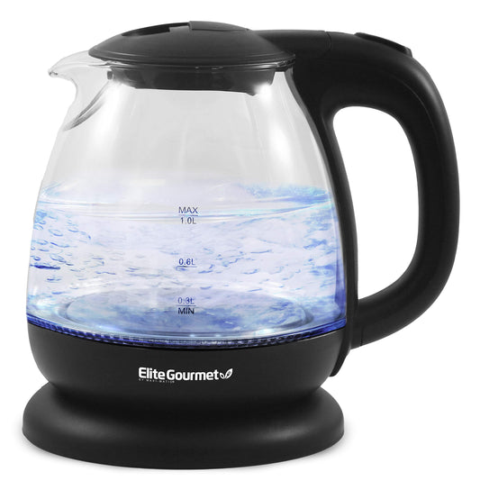 Elite Gourmet EKT1001 Electric 1.0L BPA-Free 1100W Glass Kettle Cordless 360° Base, Stylish Blue LED Interior, Handy Auto Shut-Off Function – Quickly Boil Water For Tea & More, Black