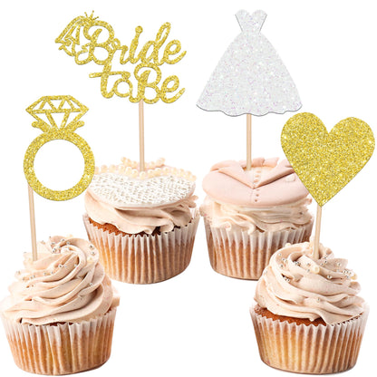 24 PCS Bride to Be Cupcake Toppers with Heart Ring Dress Bridal Shower Cupcake Picks Wedding Engagement Bachelorette Party Cake Decorations Supplies
